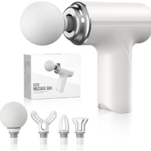 Mini Massage Gun, 6 Speed Settings, 45dB Quiet Operation, 15kg Intensity, 10 Hour Battery Life, Portable Deep Tissue Percussion Massager with 4 Heads, White