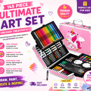 145 PCS Unicorn Art & Craft Kit for Kids – Portable Drawing & Painting Set with Color Pencils, Watercolors & Markers.