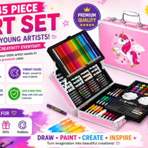 145 PCS Unicorn Art & Craft Kit for Kids – Portable Drawing & Painting Set with Color Pencils, Watercolors & Markers.