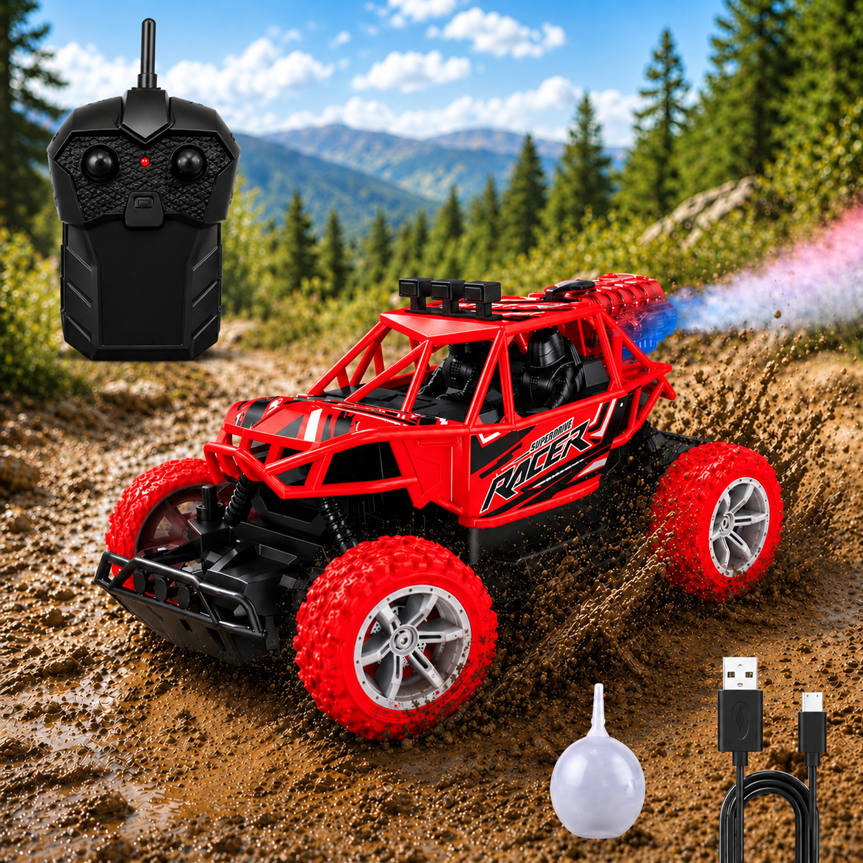 High Speed Remote Control Spray Car for Kids | RC Racing Car with Smoke Effect, Durable Build & Easy Control | Perfect Gift Toy| (multicolour)