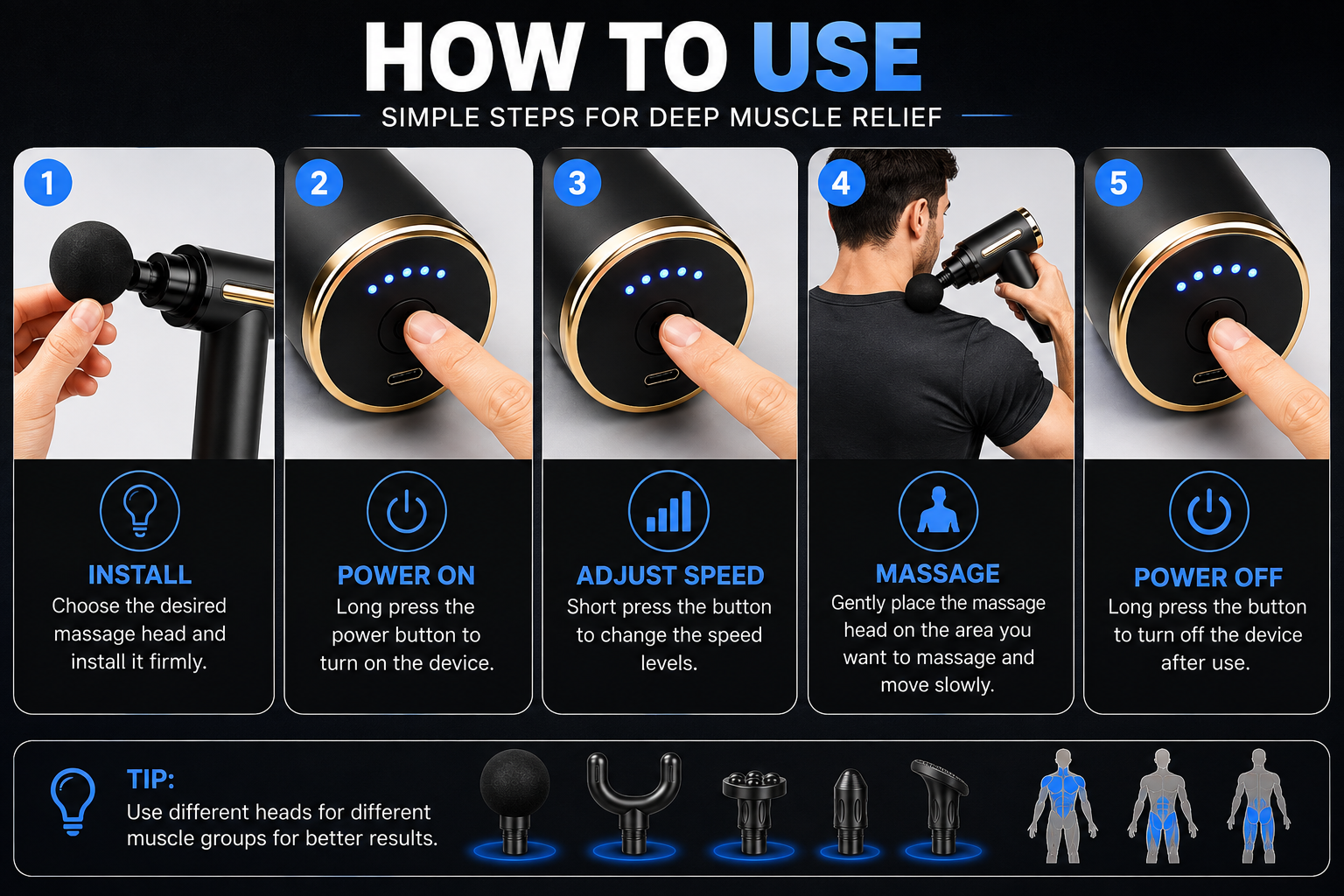 Mini Massage Gun Deep Tissue Percussion | Portable Muscle Massager with 4 Heads | Pain Relief & Gym Recovery Device