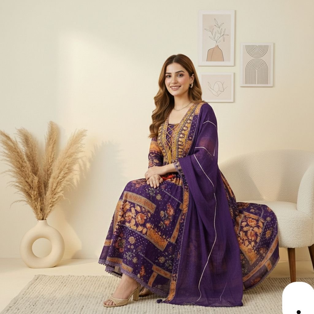 Royal Purple Floral Anarkali Suit Set 4 Royal Purple Floral Anarkali Suit Set - Image 4