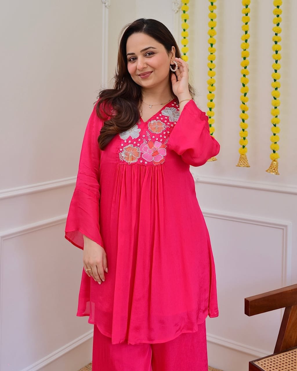 Rose Pink Floral Embroidered Kurta Palazzo Set 4 Rose Pink Floral Embroidered Kurta Palazzo Set