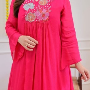 Rose Pink Floral Embroidered Kurta Palazzo Set