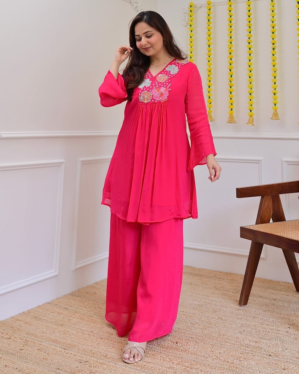 Rose Pink Floral Embroidered Kurta Palazzo Set 1 Rose Pink Floral Embroidered Kurta Palazzo Set