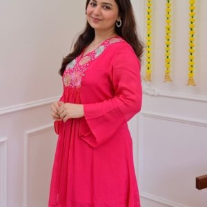 Rose Pink Floral Embroidered Kurta Palazzo Set