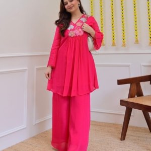 Rose Pink Floral Embroidered Kurta Palazzo Set