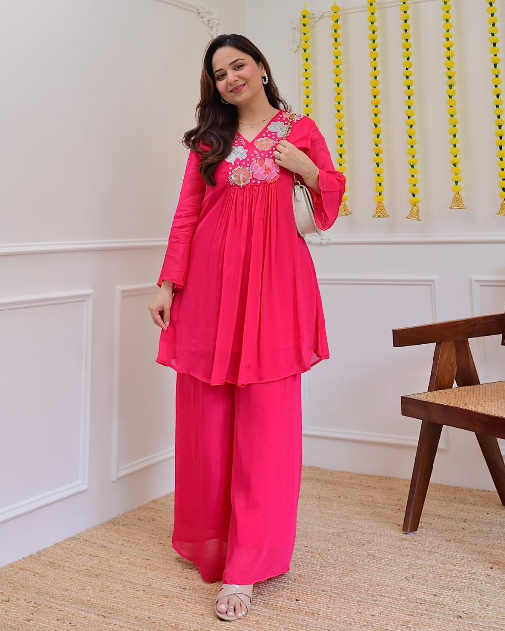 Rose Pink Floral Embroidered Kurta Palazzo Set 3 Rose Pink Floral Embroidered Kurta Palazzo Set