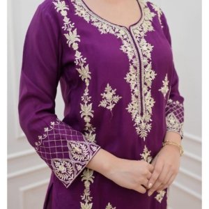 Women’s Purple Embroidered Kurta Pant Dupatta Set
