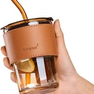 Glass Coffee Sipper with Lid and Glass Straw 400ML