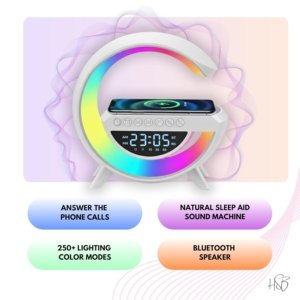 G Shaped Bluetooth Speaker | 15W Wireless Charger, Digital Alarm Clock & RGB Night Light