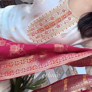 Women’s Off-White Embroidered Kurta Pant Set with Pink Printed Dupatta