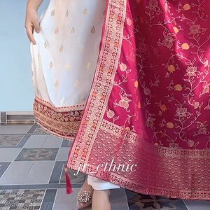 Women’s Off-White Embroidered Kurta Pant Set with Pink Printed Dupatta