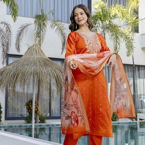 Women’s Orange Embroidered Kurta Pant Set