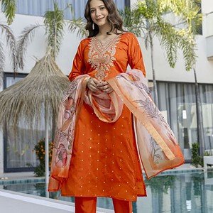 Women’s Orange Embroidered Kurta Pant Set
