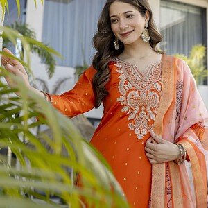 Women’s Orange Embroidered Kurta Pant Set