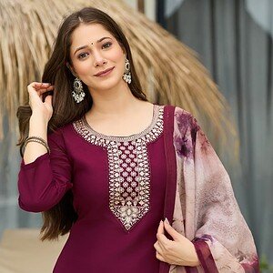 Women’s Wine Color Embroidered Kurta Pant Set