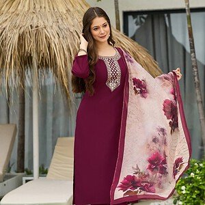 Women’s Wine Color Embroidered Kurta Pant Set