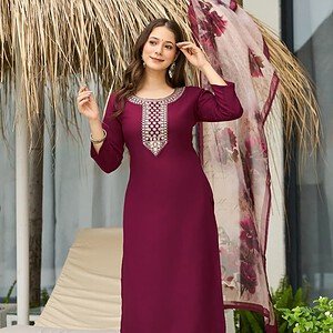 Women’s Wine Color Embroidered Kurta Pant Set