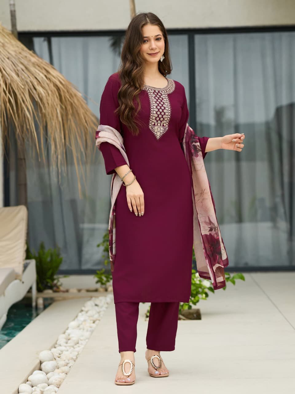 Women’s Wine Color Embroidered Kurta Pant Set 1 Women’s Wine Color Embroidered Kurta Pant Set