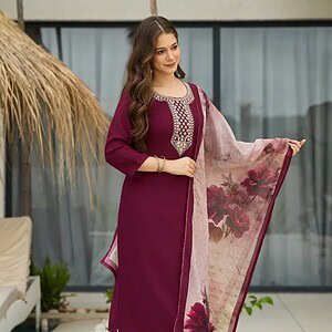 Women’s Wine Color Embroidered Kurta Pant Set