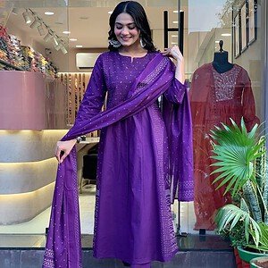Women’s Purple Solid Kurta Pant Set with Chiffon Dupatta