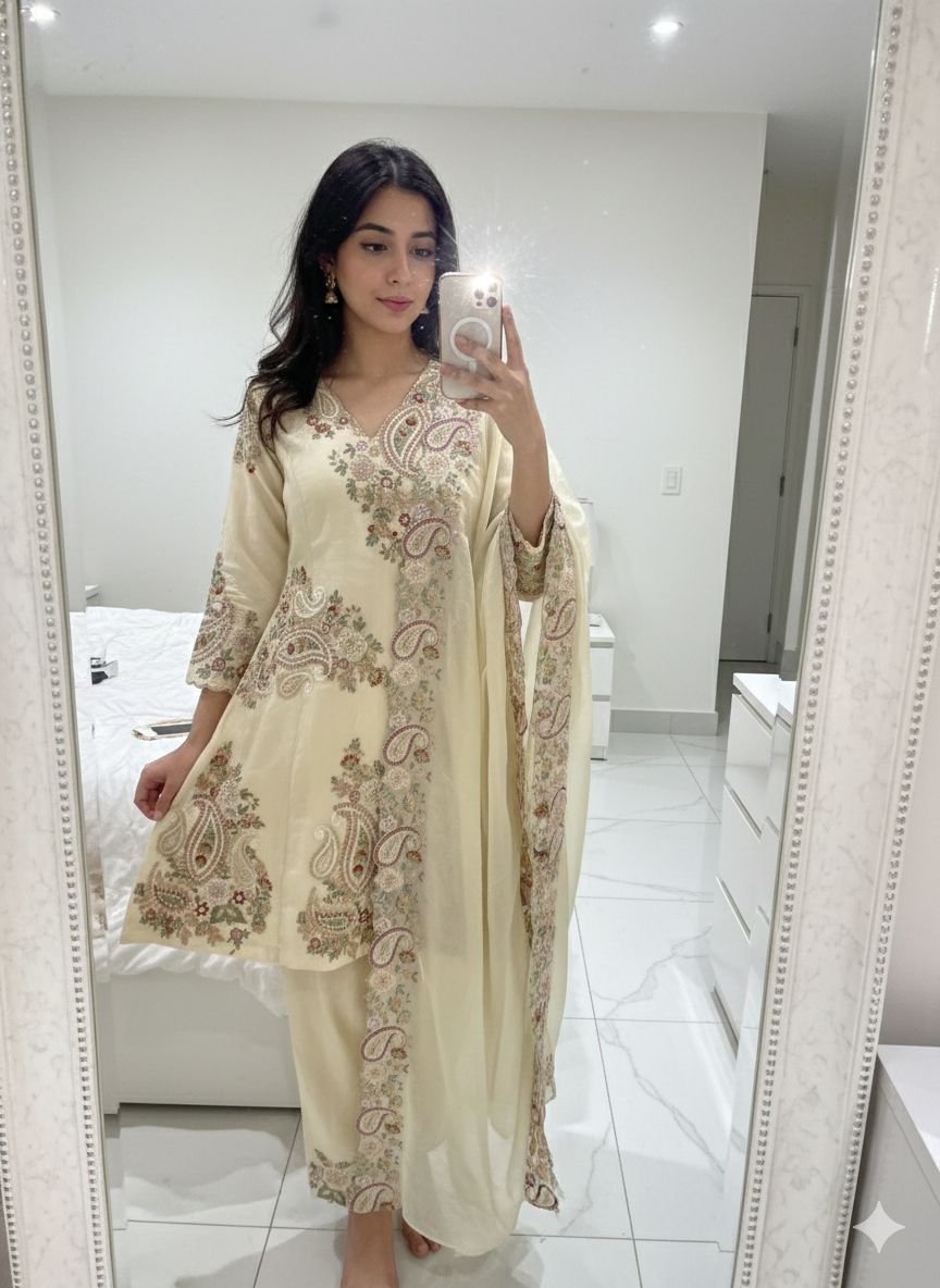 Women’s Cream Floral Embroidered Kurta Pant Set 2 Women’s Cream Floral Embroidered Kurta Pant Set