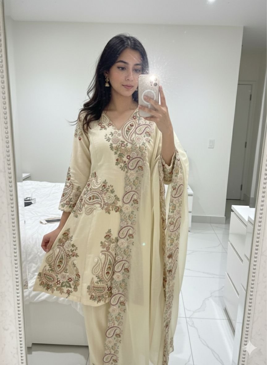 Women’s Cream Floral Embroidered Kurta Pant Set 3 Women’s Cream Floral Embroidered Kurta Pant Set