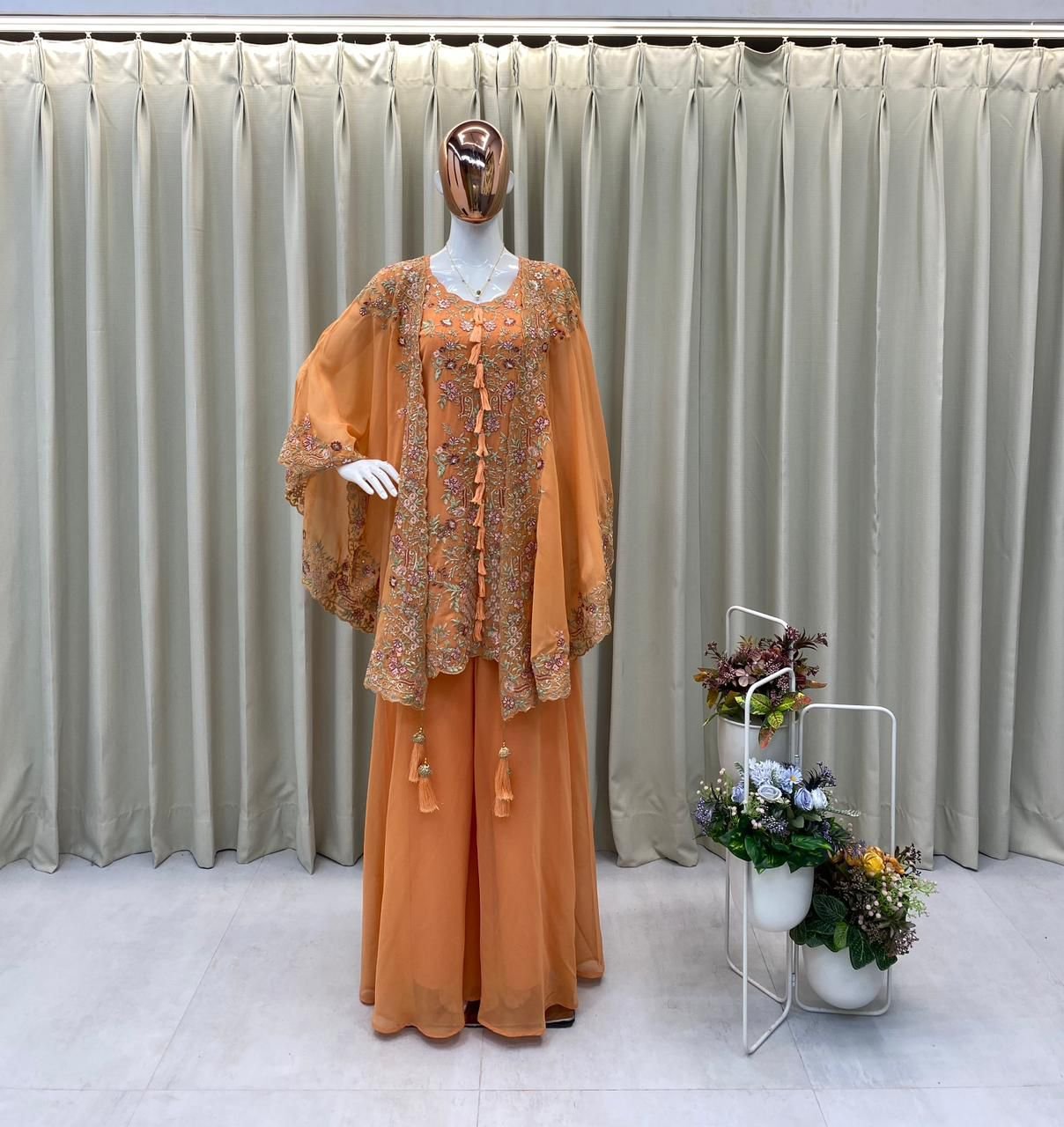 Sunset Orange Floral Embroidered Kurta 2 Sunset Orange Floral Embroidered Kurta - Image 2