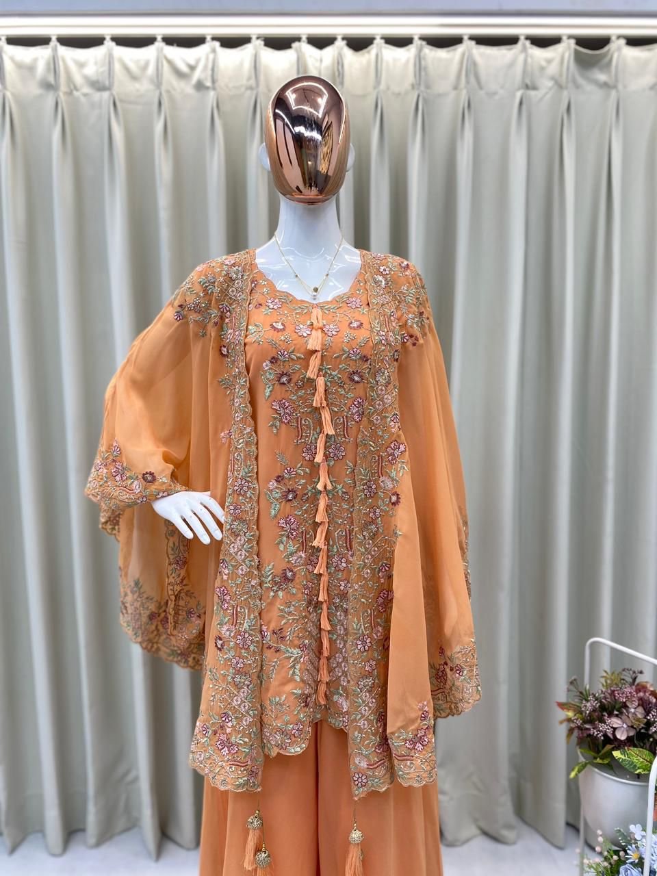 Sunset Orange Floral Embroidered Kurta 3 Sunset Orange Floral Embroidered Kurta - Image 3