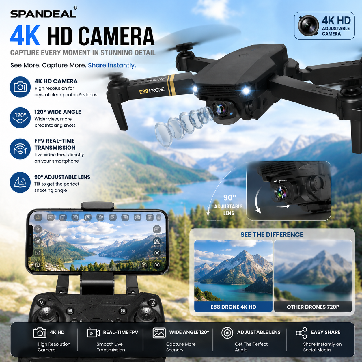 Foldable 4K Dual Camera Drone with Remote Control | WiFi Live View | 2 Cameras | 2 Batteries | Portable HD Aerial Photography Drone.