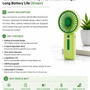 Mini Handheld Fan Q1 Portable USB Rechargeable Fan | Foldable Cooling Fan | Quiet & Powerful Airflow | Pocket Size Travel Fan