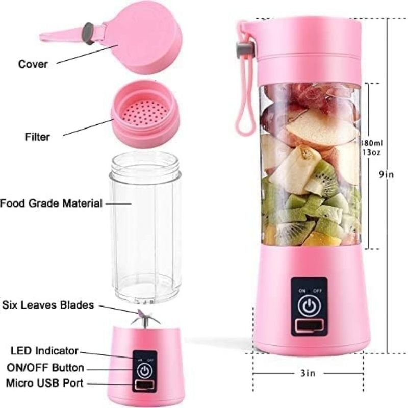 Portable Mini Juicer Blender Bottle | USB Rechargeable Smoothie Maker | 30 Sec Quick Blend for Gym, Travel & Home (Multi Colour).