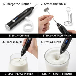 Coffee Frother Electric Blender | USB Rechargeable Milk Frother & Foam Maker.