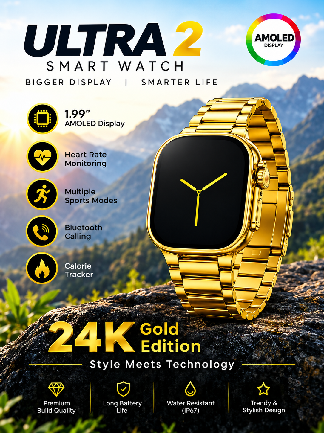 Ultra 2 24K Gold Edition Smartwatch with 7 Interchangeable Straps & Charging Cable