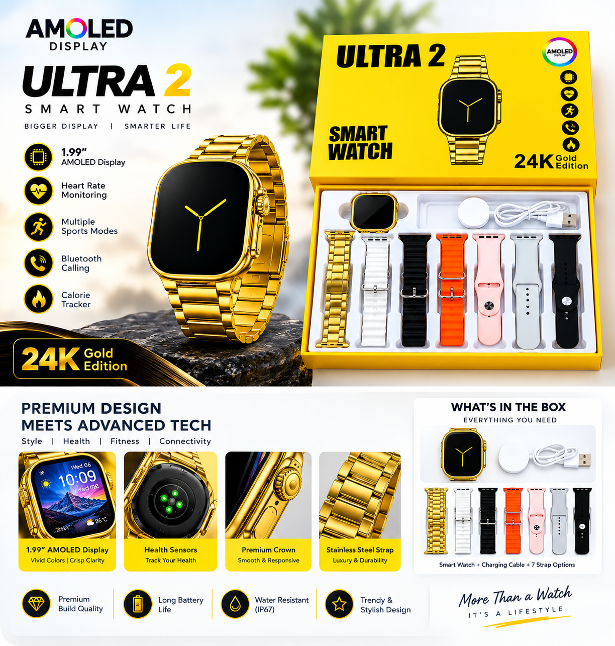 Ultra 2 24K Gold Edition Smartwatch with 7 Interchangeable Straps & Charging Cable